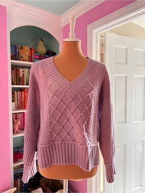 Maeve Lilac Cable Knit V-Neck Sweater